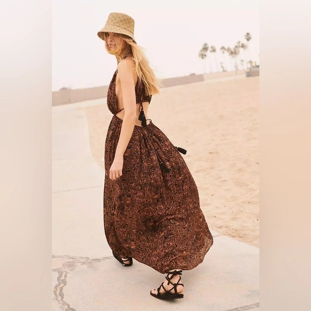 Free People Holy Smokes OOS rare sexy Maxi Dress Orange Black Boho Fall Size M - Picture 3 of 5